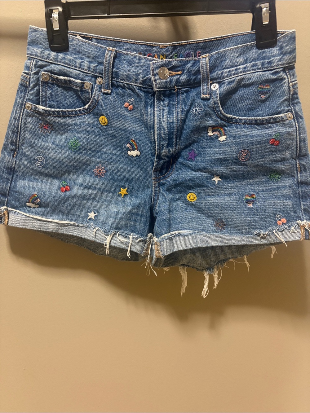 American Eagle Outfitters Blue Denim Embroidered Cutoff Shorts